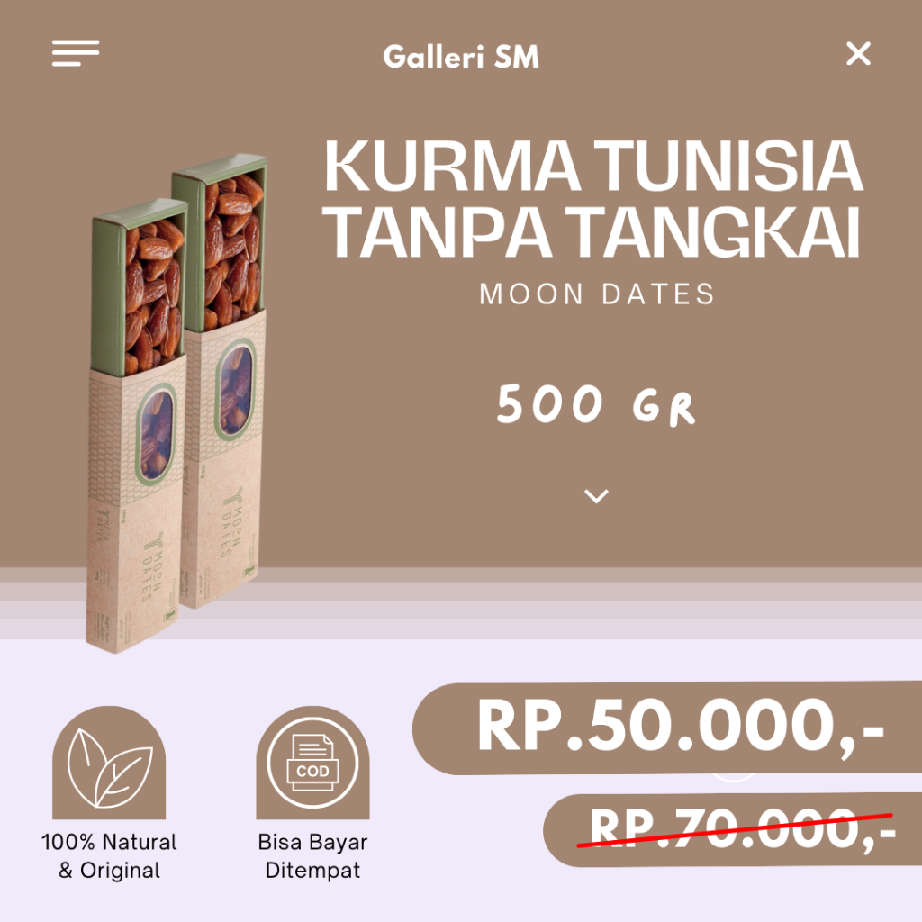 

Kurma Tunisia Madu Tanpa Tangkai 500 gr Moon Dates Processed Tunis Dates Asli