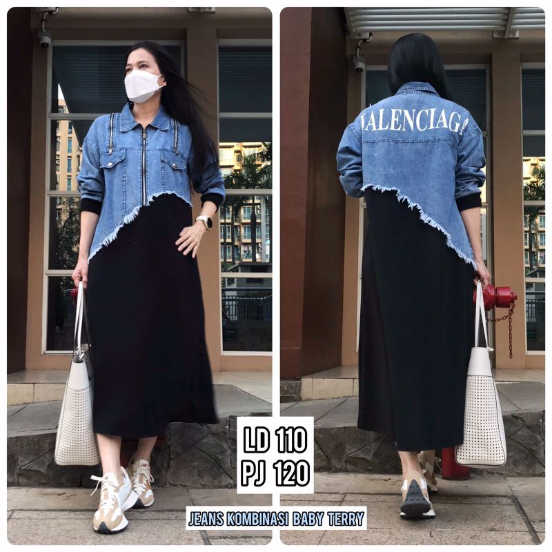 midi dress/long tunik jeans kombinasi babyterry BALEN original Berea woman