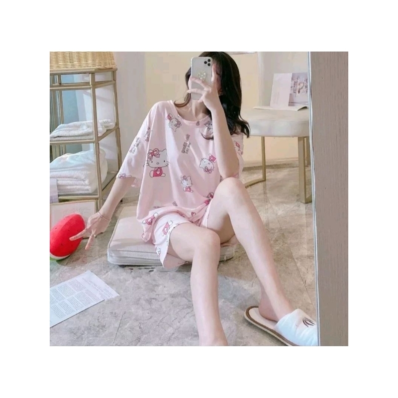 Baju Tidur Wanita Piyama Lengan Pendek 1 Set (Atasan & Bawahan)