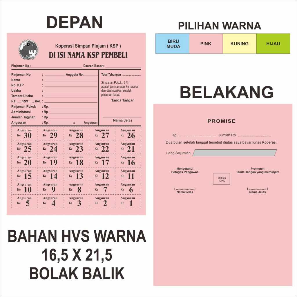 Promise Koperasi angsuran Harian, Mingguan. Model sobek isi 100ps Custom Nama dan Angsuran