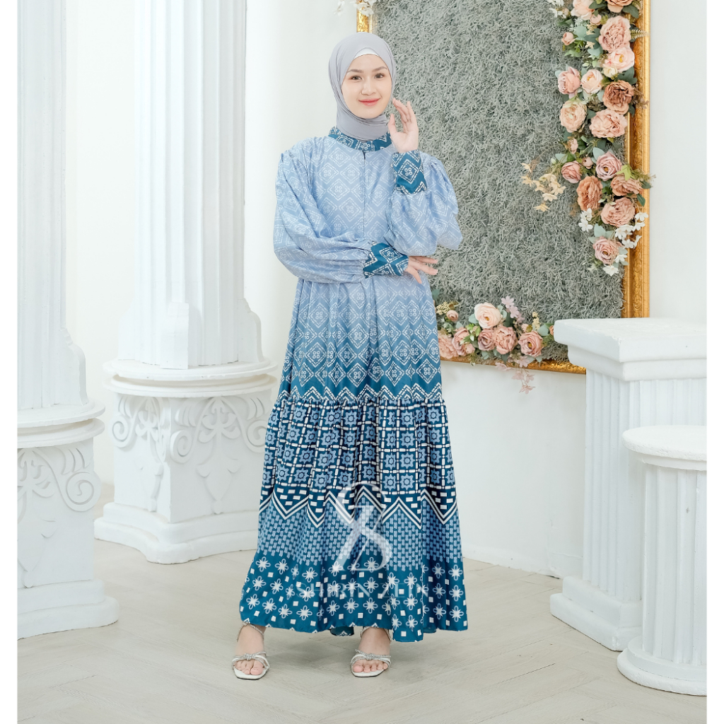 ShirinZein - Baju Gamis Dress Aqilla Wanita Dewasa Pesta Mewah Elegan Lebaran 2024-Blue Denim