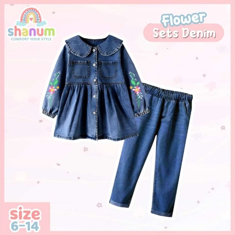 set denim flower setelan kulot jeans set celana jeans anak cantik