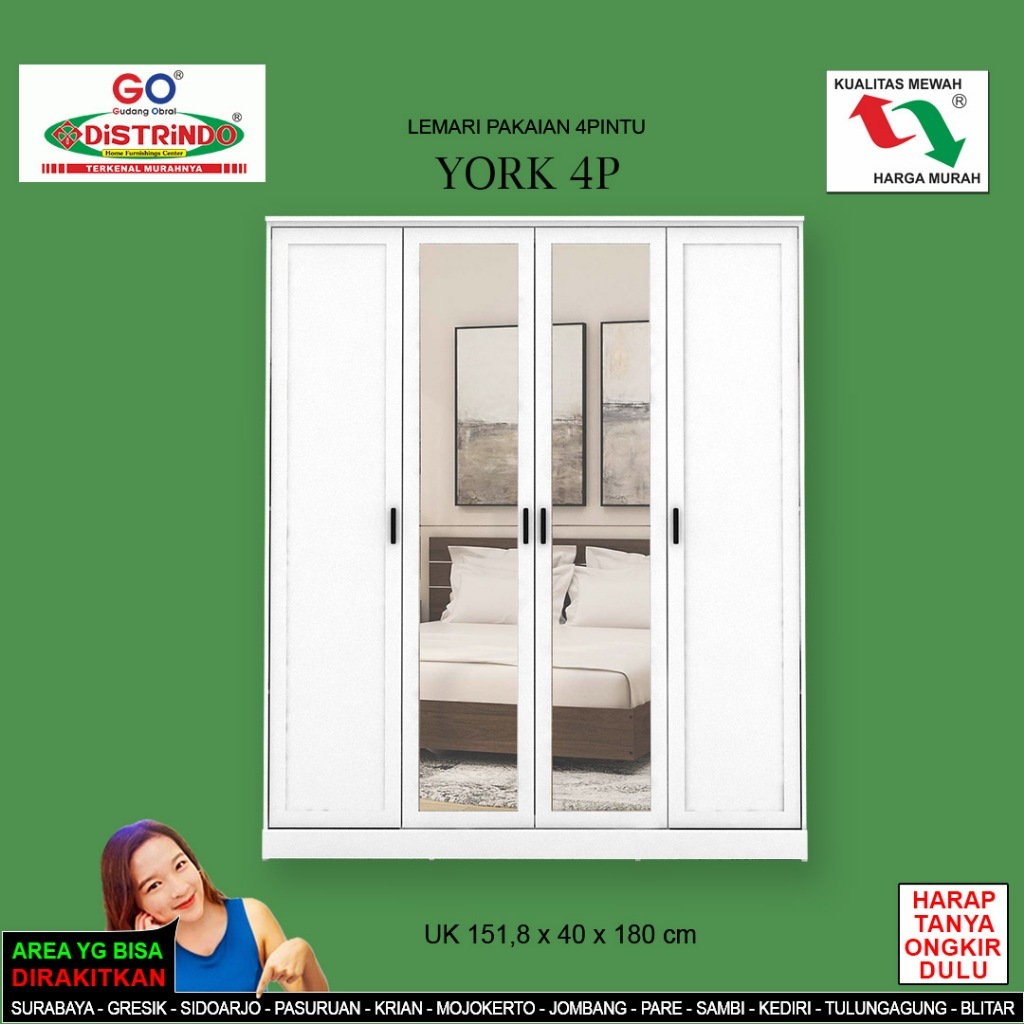 DISTRINDO Lemari Pakaian 4Pintu / Lemari Baju Gamis / Lemari Pakaian Jumbo + Cermin