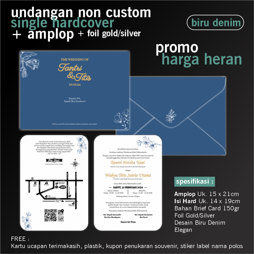 Undangan Single Hardcover | Plus Amplop | Plus Tinta Hotprint Gold/Silver | Non Custom | Biru Denim