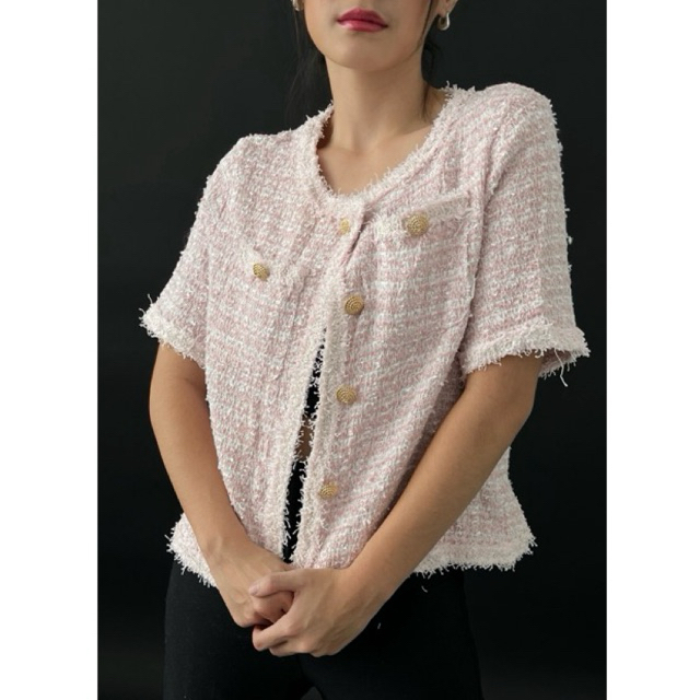 Elea Classy Blazer Tweed/Blazer Crop Lengan pendek/Blazer Rajut Crop/Atasan wanita