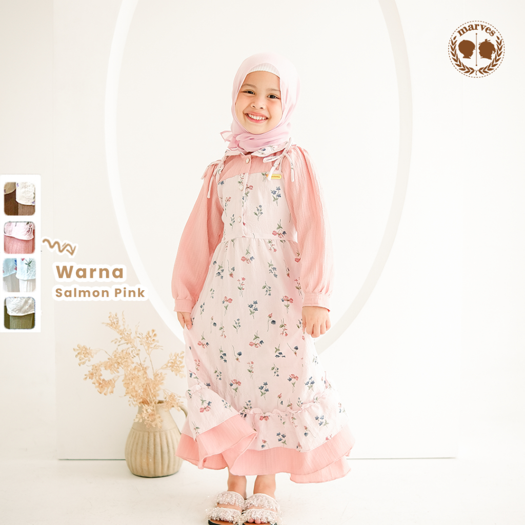 MARVES Noura Baju Gamis Anak Perempuan Set Hijab Bahan Crinkle Usia 1 Hingga 14 Tahun-Salmon Pink