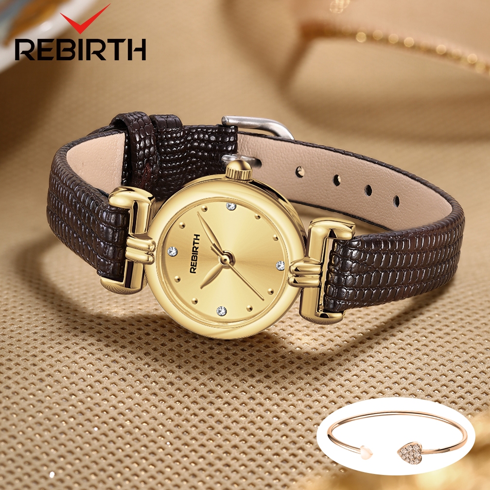 REBIRTH Jam Tangan Wanita Anti Air Original Korean Elegan Style Tali Kulit Kuarsa Jam Tangan Cewek-Brown