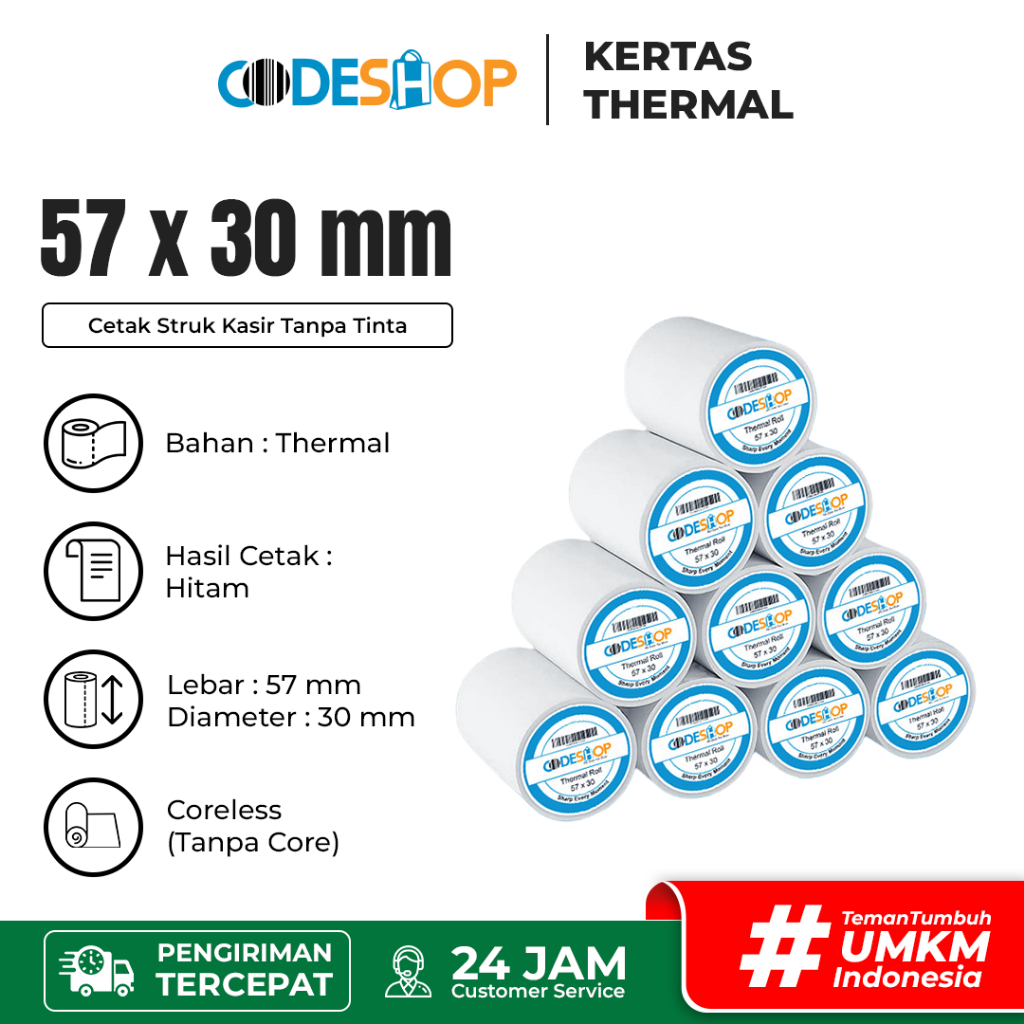 

Pack Kertas Thermal 57x30 / 57 x 30 / 58x30 mm Printer Bluetooth Termal Tanpa Core