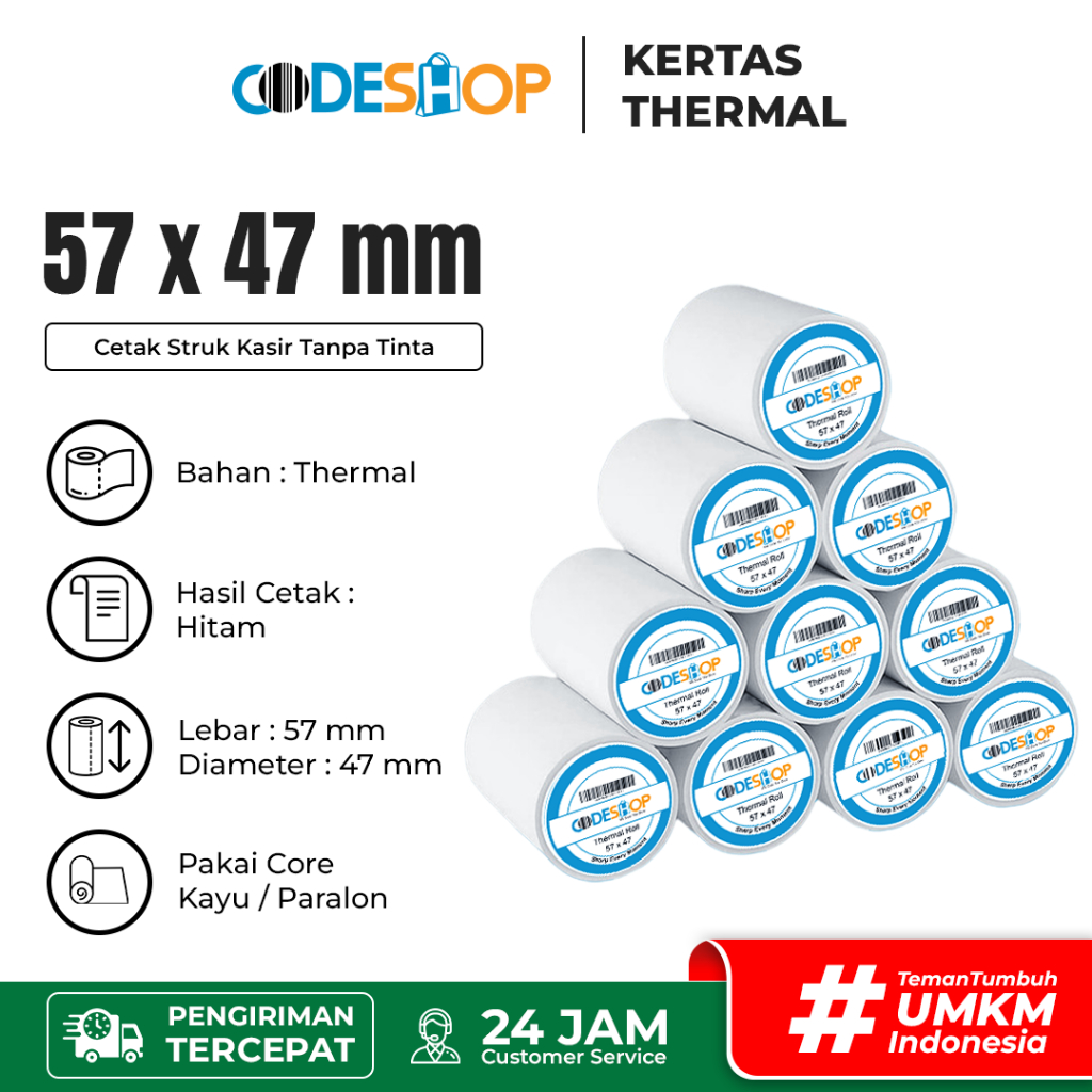 

(1 Slop) Kertas Thermal Codeshop 57 x 47 mm Struk Kasir Printer 58mm