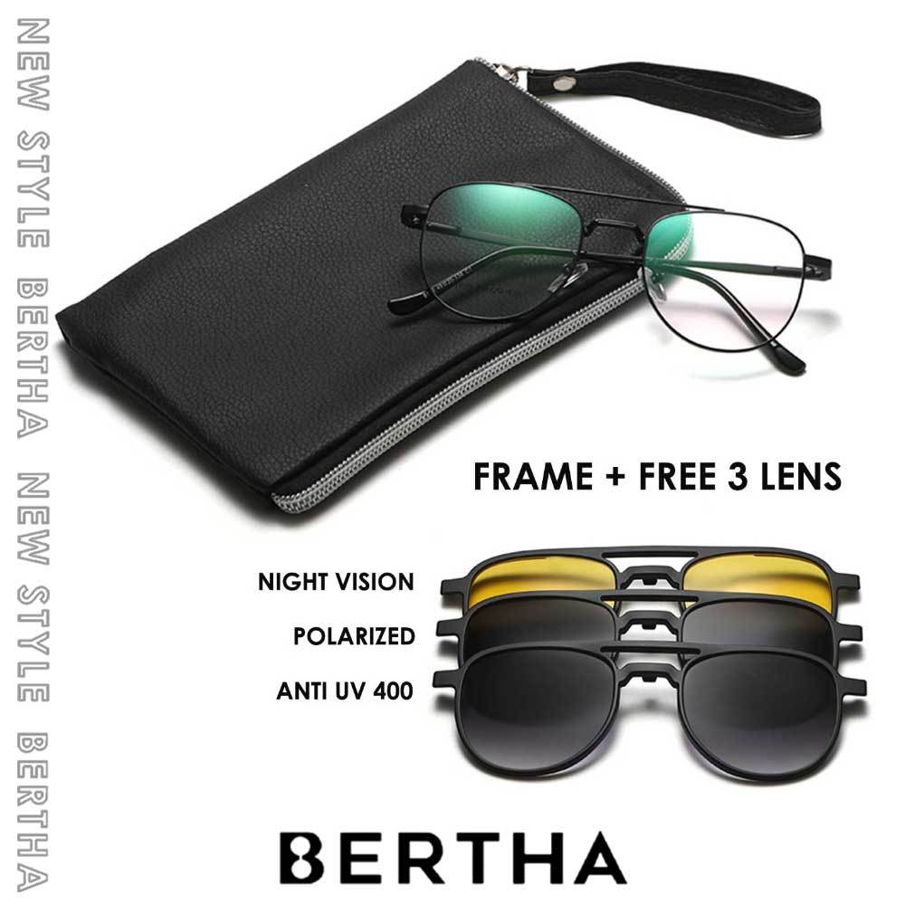 Bertha Kacamata Clip On Free Lensa Clip Trendy Style Kotak Bahan TR90+Metal TerBaru Fashion Pria Dan