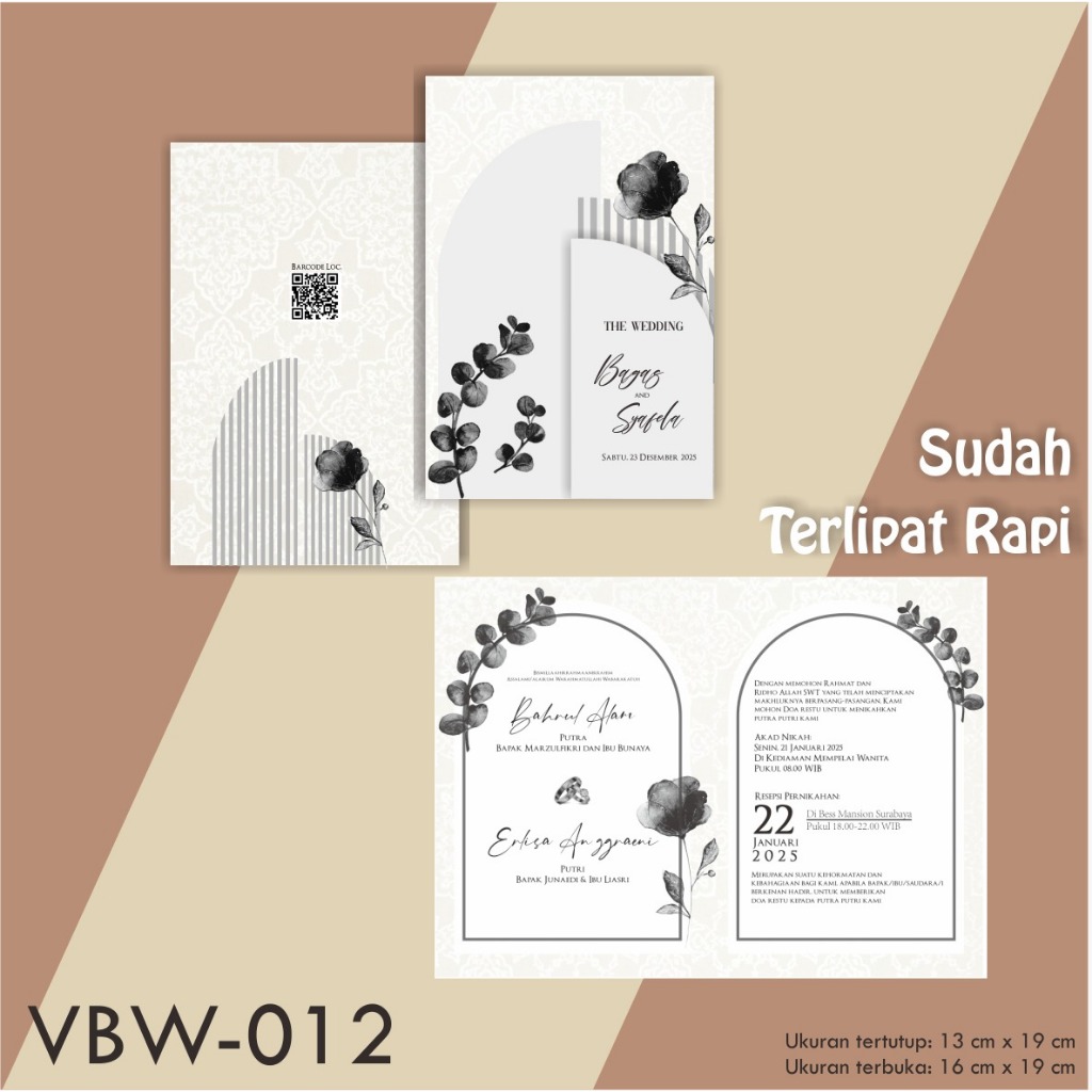 100 PCS Undangan Costum Template Hitam Putih, Undangan Seri VBW, Undangan Pernikahan Kekinian, Undan