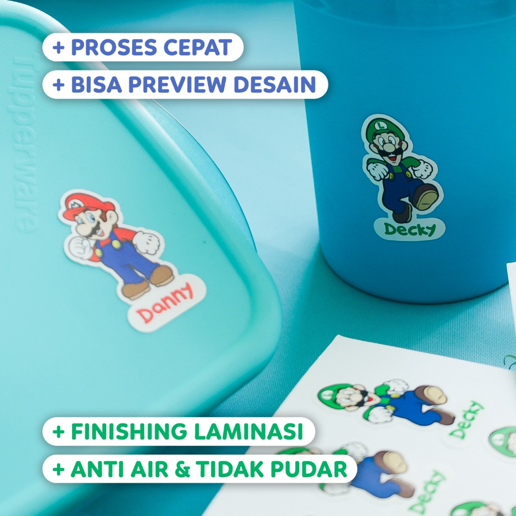 

Stiker Nama Anak Gambar Mario Bros, Bahan Vinyl Laminasi Ukuran 3x4cm