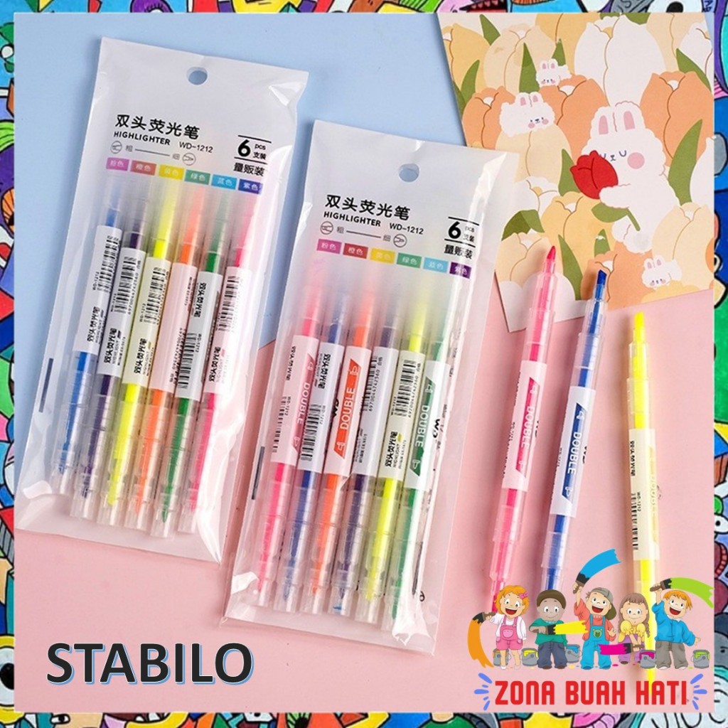 

ZBH Set Highlighter Dua Sisi Warna isi 6Pcs Pen 2 sisi Diary Marker Stationery Lucu Unik Penanda Buku Warna Warni Pena Penanda Kepala Ganda 2 Arah