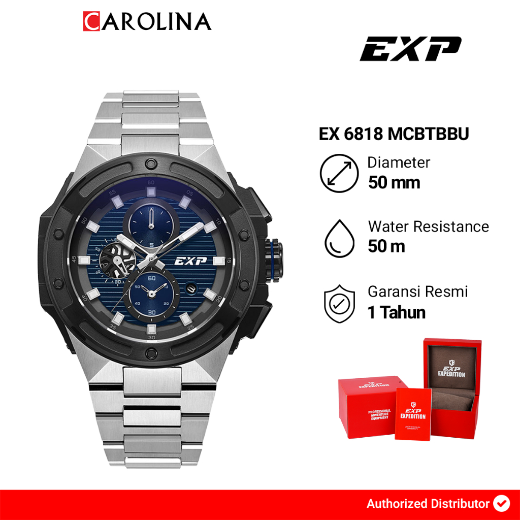 Jam Tangan Pria Expedition Exp Chronograph EX 6818 MCBTBBU Blue Dial Stainless Steel Strap