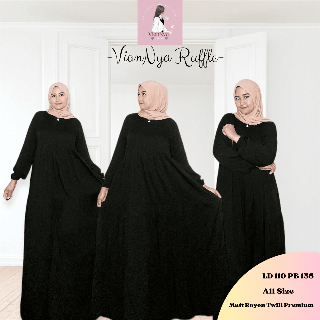 Gamis Syar'i Rayon Twill Polos / Gamis Ruffle / Gamis susun / Gamis Hitam Busui Friendly