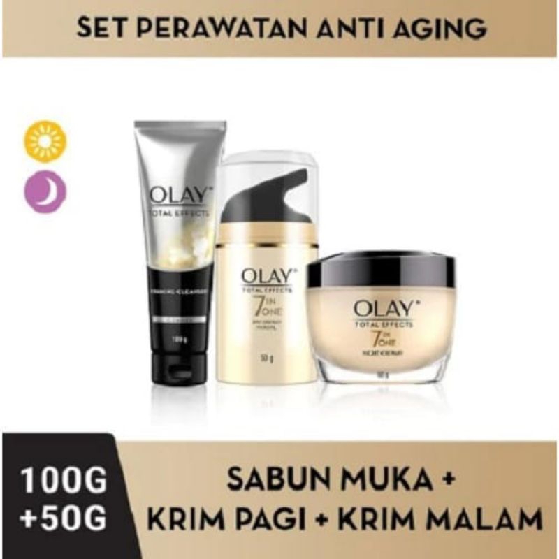 [ Satu Set] Olay total effect 7 in 1 Sabun Muka 100gr+ Krim Pagi 50 gr+ Krim Malam 50 gr