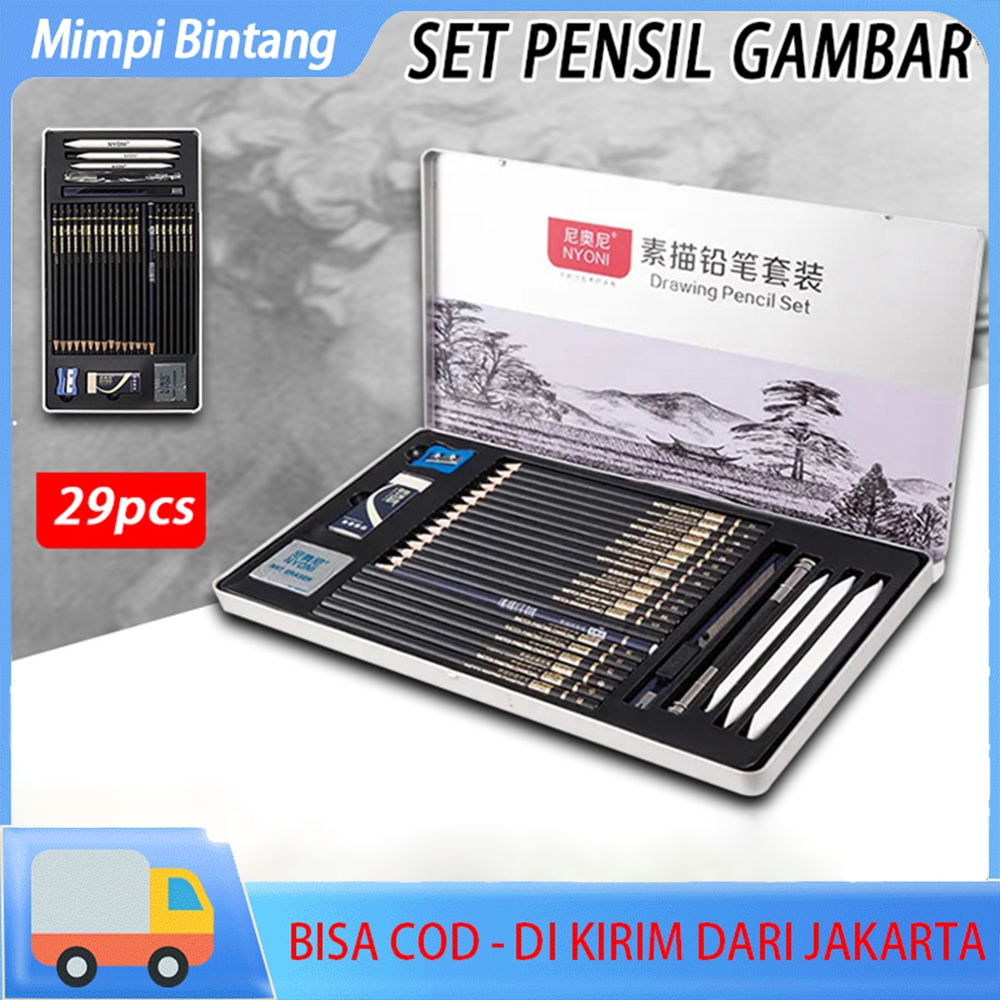 

Drawing Pencil Nyoni Gambar Set 29pcs Metal Tin Box Pensil Gambar Lukis Sketsa Lengkap Paket