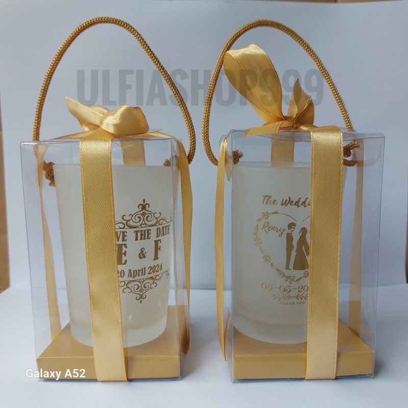 Souvenir gelas lu jamu putih doff free kemasan mika bening,tali,dan pita