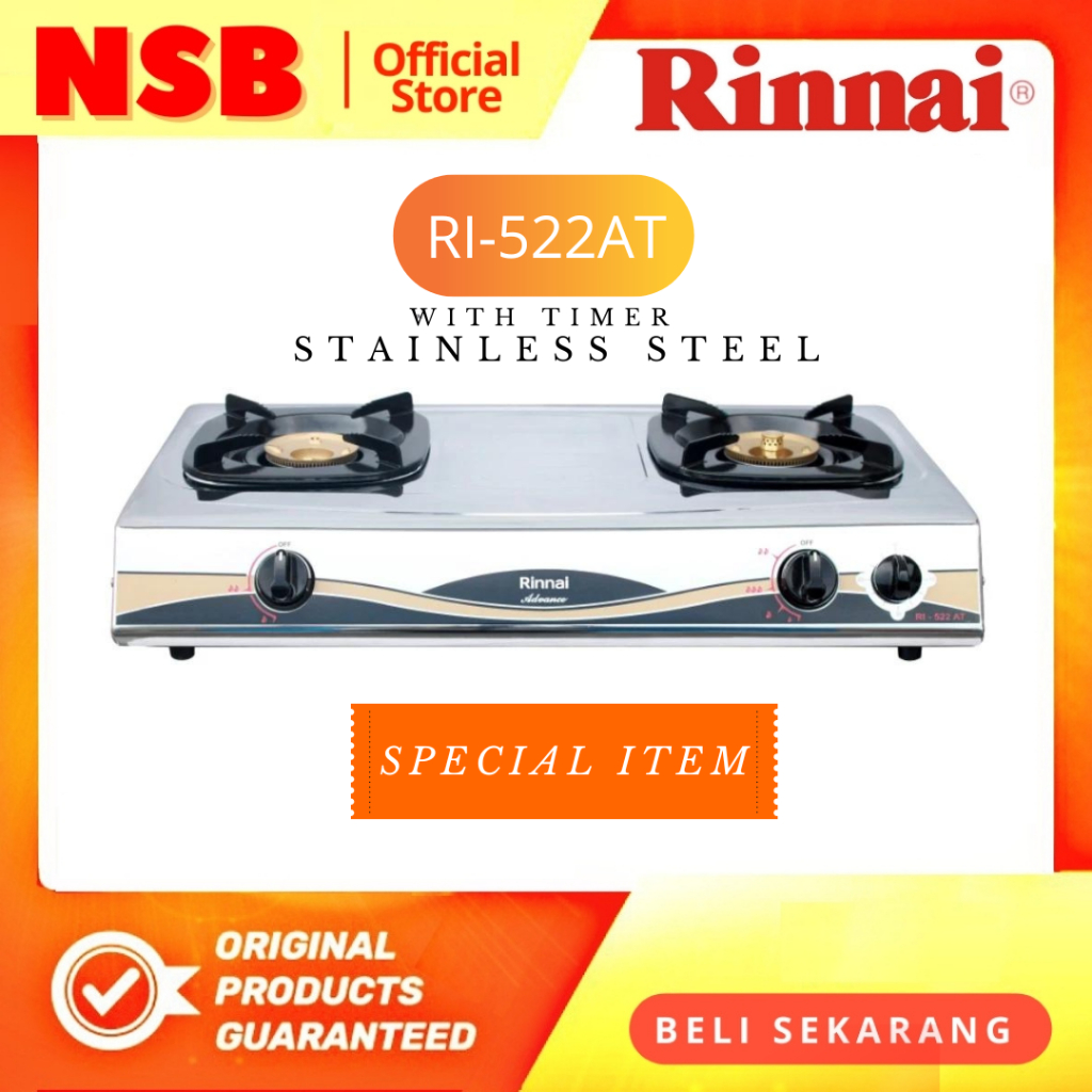 Rinnai RI-522AT Kompor rinai Gas 2 Tungku Setainles Stenlis Timer