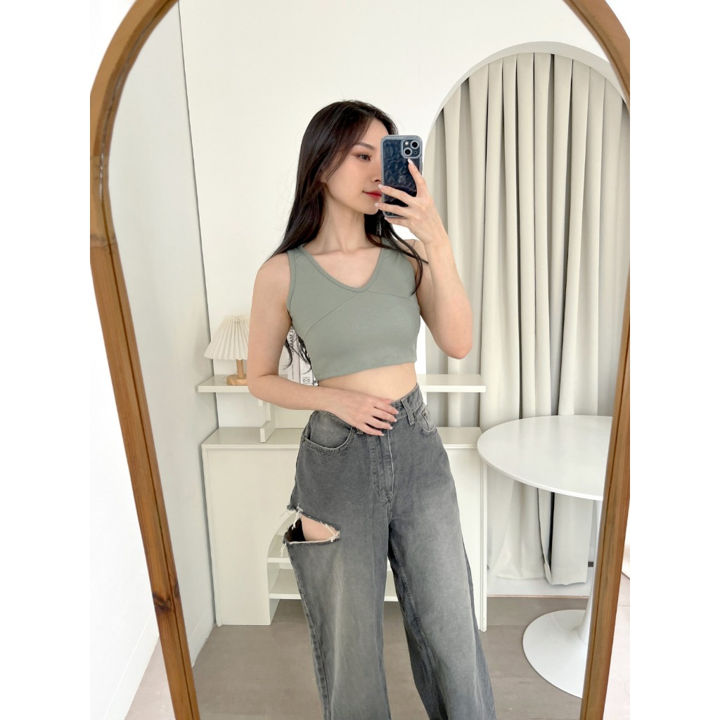 Korean Tanktop Bra V-Neck Korea Crop Tank Top Sport Rib Knit B1500