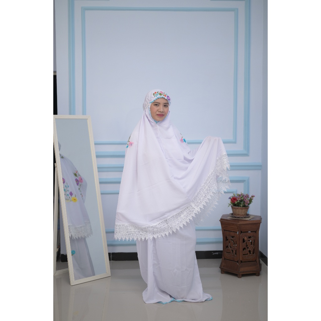Mukena Setelan Bahan Sewwas Bordir Renda - Mukena Dewasa Setelan Bordir Berkualitas