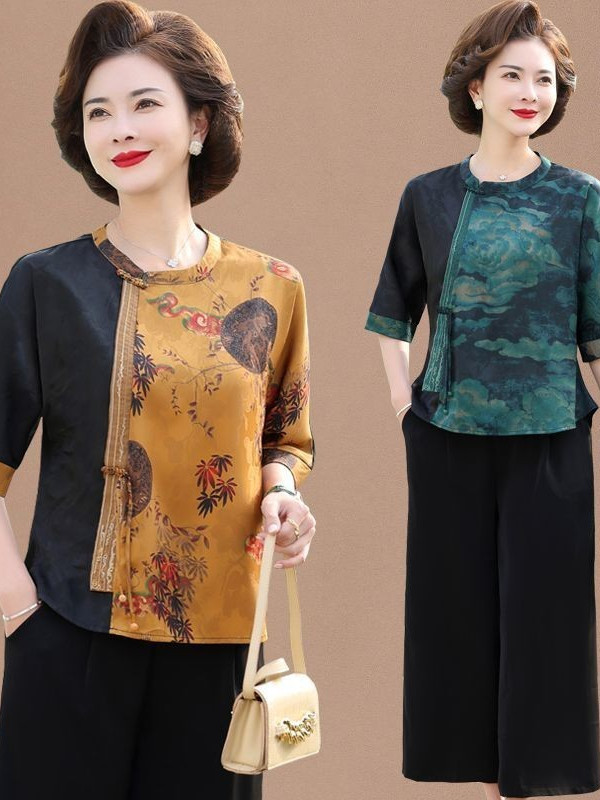 Mum 2024 Setelan Gaya Etnik Musim Panas Setelan Baju Nenek Lengan Pendek Baru