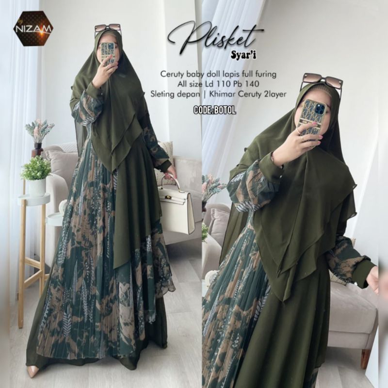 Gamis Set Hijab/Plisket Syari/gamis Ceruty set hijab ld 110/ada size jumbo Ld 120