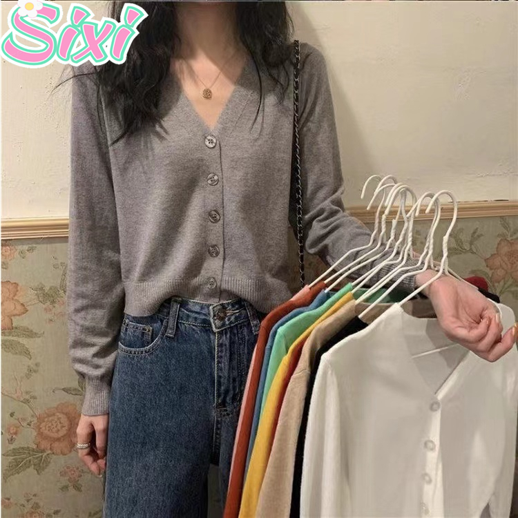 SIXI Cardigan Crop Top Outer Rajut Premium Soft Knit Pendek Cardigan Korea V Neck Lengan Panjang