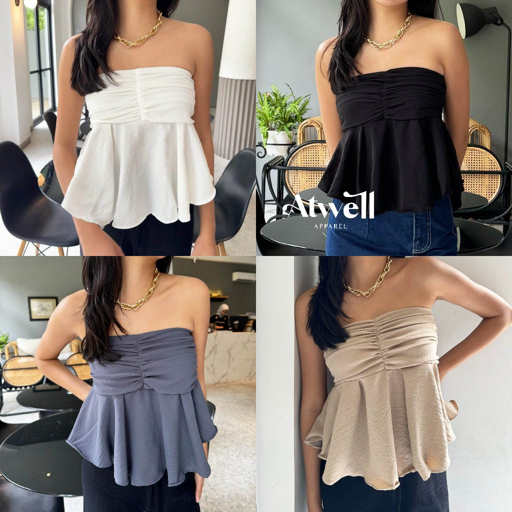 Atasan Tube Top Ruffle Katun Crinkle dengan Aksen Kerut