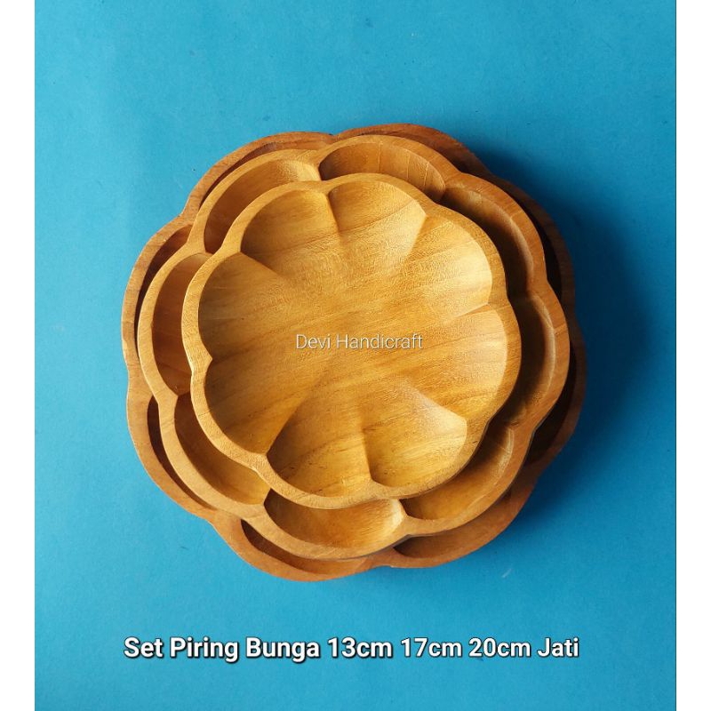 piring kayu/piring makan/piring saji/piring motif bunga semanggi set kayu jati