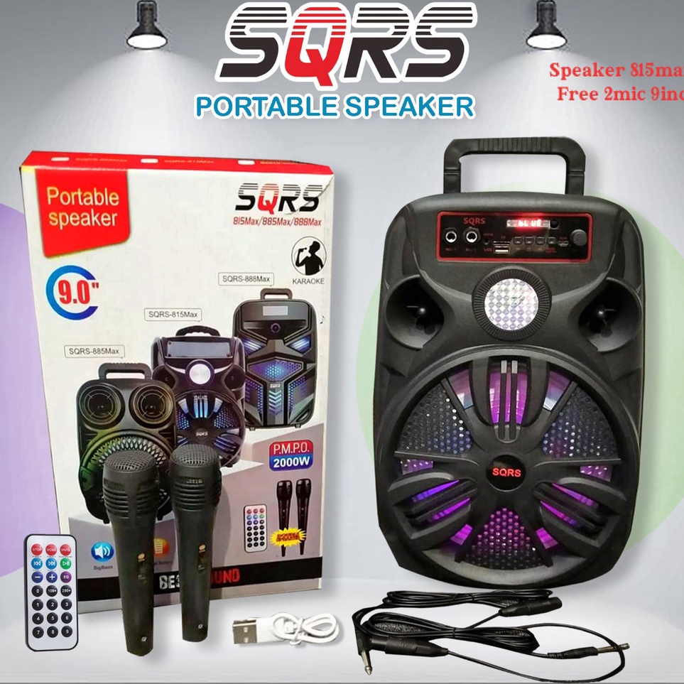 Speaker bluetooth portable SQRS885 dan 815 bass sound plus mic karoke 9in LED