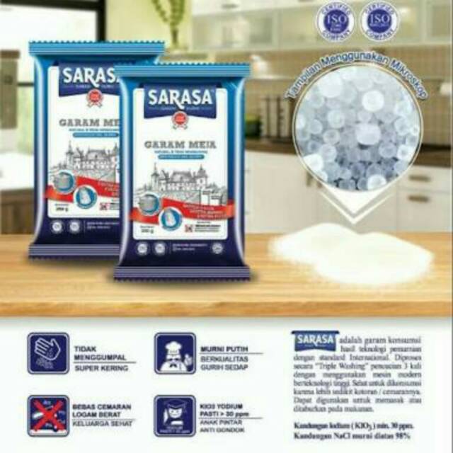 

Garam Dapur/Meja merek sarasa dan oke Halus Beryodium 250 gram 1bal isi 40 pcs