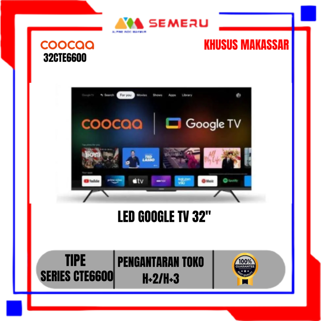 COOCAA [Google TV] COOCAA TV 32 32CTE6600  / 40 Inch 40CTE6600  + Free Bracket - Smart TV - Digital TV - Netflix &amp; Youtube - Google Assistant - Dolby Audio - WIFI KHUSUS MAKASSAR