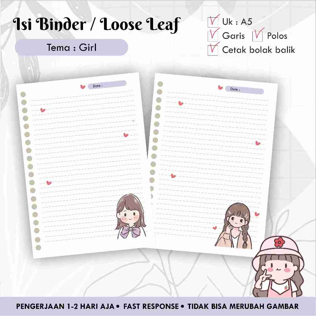 

[10 pcs] Isi Binder / Loose leaf gambar A5 Tema GIRL / Refill Map Binder / Garis Polos