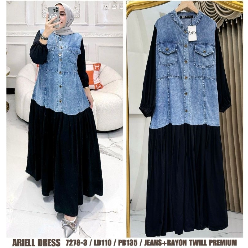 Ariell Dress warna hitam kombinasi biru Maxi gamis cewek bahan Jeans wash mix Rayon twill premium fi