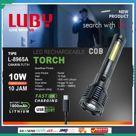 SENTER TANGAN CAHAYA PUTIH/LUBY L-8965A / L-8966A Senter Tangan Led Rechargeable COB Cahaya Putih - 