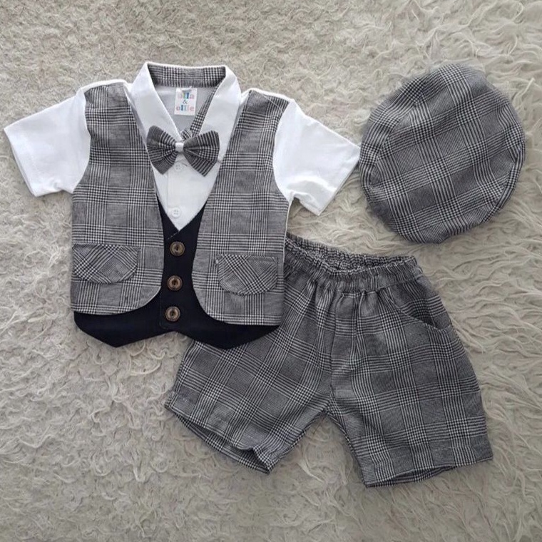 Harga TERMURAAH Baju Bayi Laki Laki Rompi 6 12 Bulan Tuxedo Set Topi Dasi Kostum Bayi cowok Kemeja
