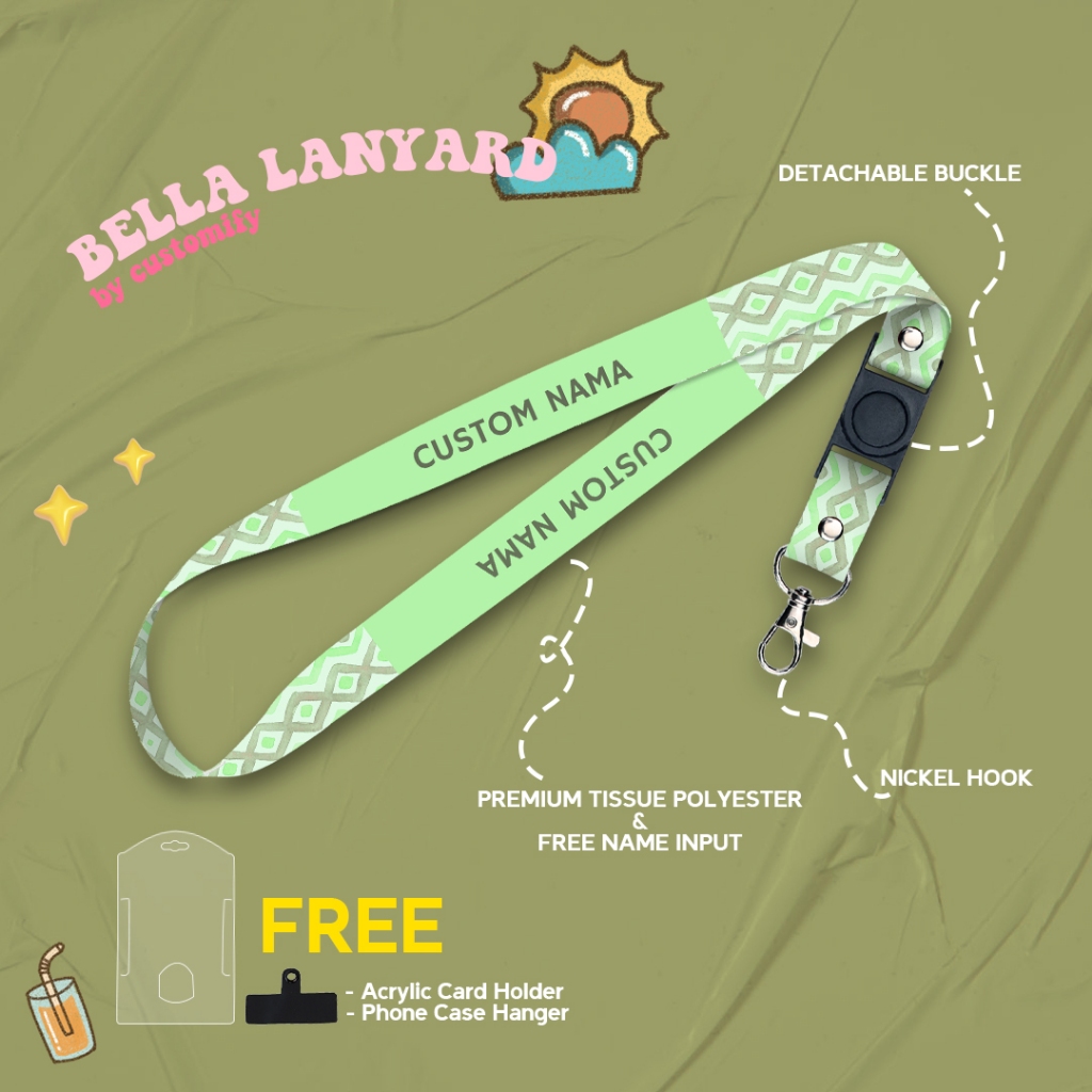 

Bella Lanyard Custom Nama Green Edition 2cm Printing 2 Sisi - Customify