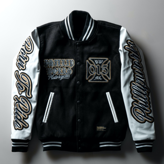 Varsity Jacket Phillipworks Motorcycle Trippy Cat Big Size Jaket Mantel Pakaian Pria Dewasa XXL Blac