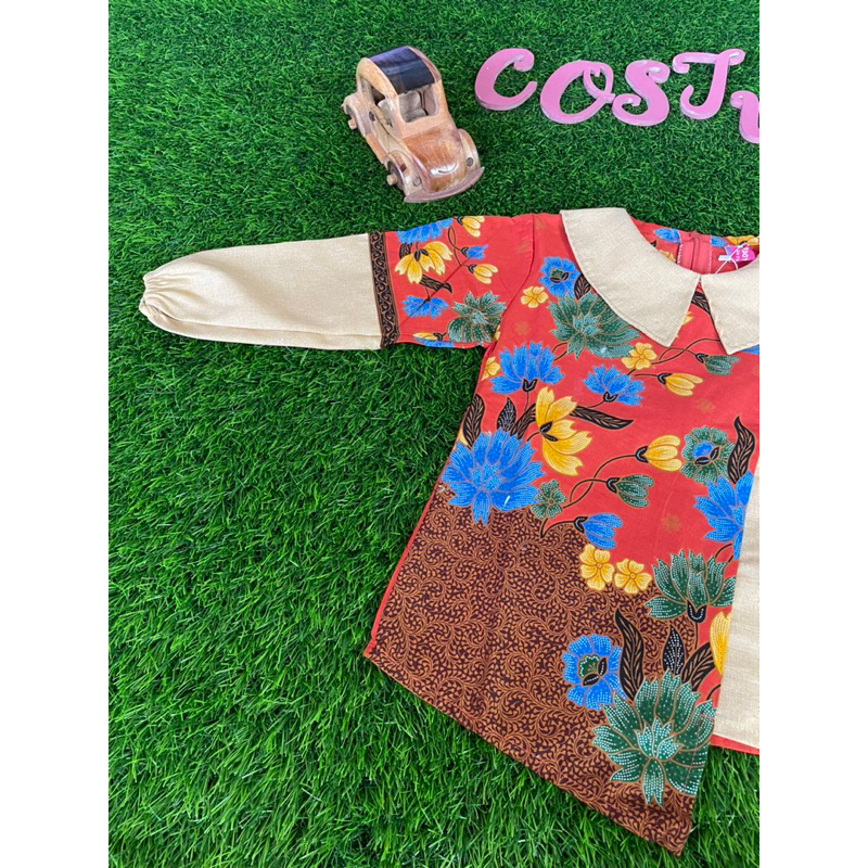DISKON BATIK COSTUME BLUS BATIK ANAK SEKOLAH LENGAN PANJANG CEWEK MERAH BATA BAGUS BERKERAH SIMPLE