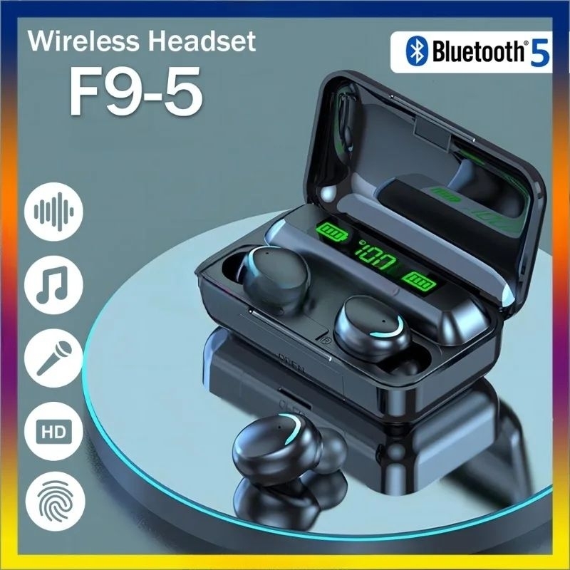 Headset bluetooth f9-5c bass stereo earphone wireless tws Hifi Sentuh full bass LED display Mikrofon