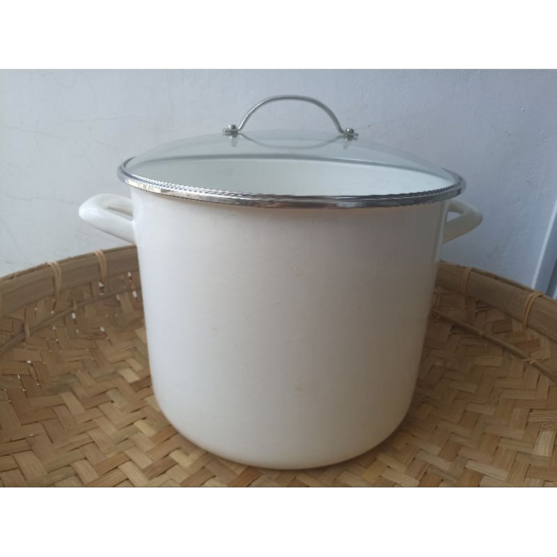 Panci Stock Pot Putih Jumbo 20 QT 18 L 32 Cm Tutup Kaca Enamel KSI