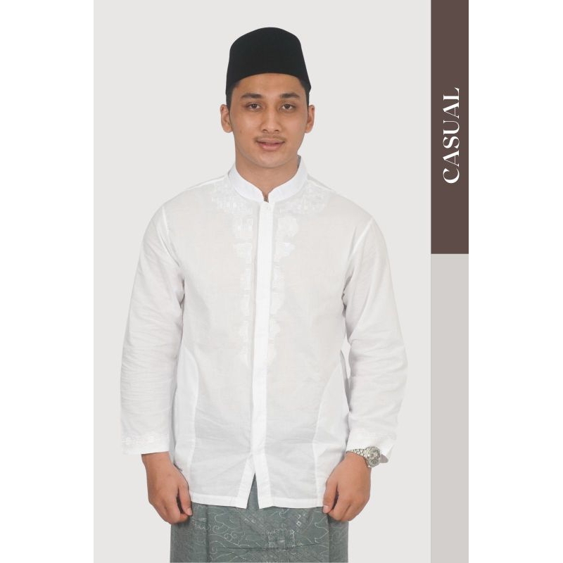 Baju muslim koko Gajah Duduk putih lengan panjang bordir