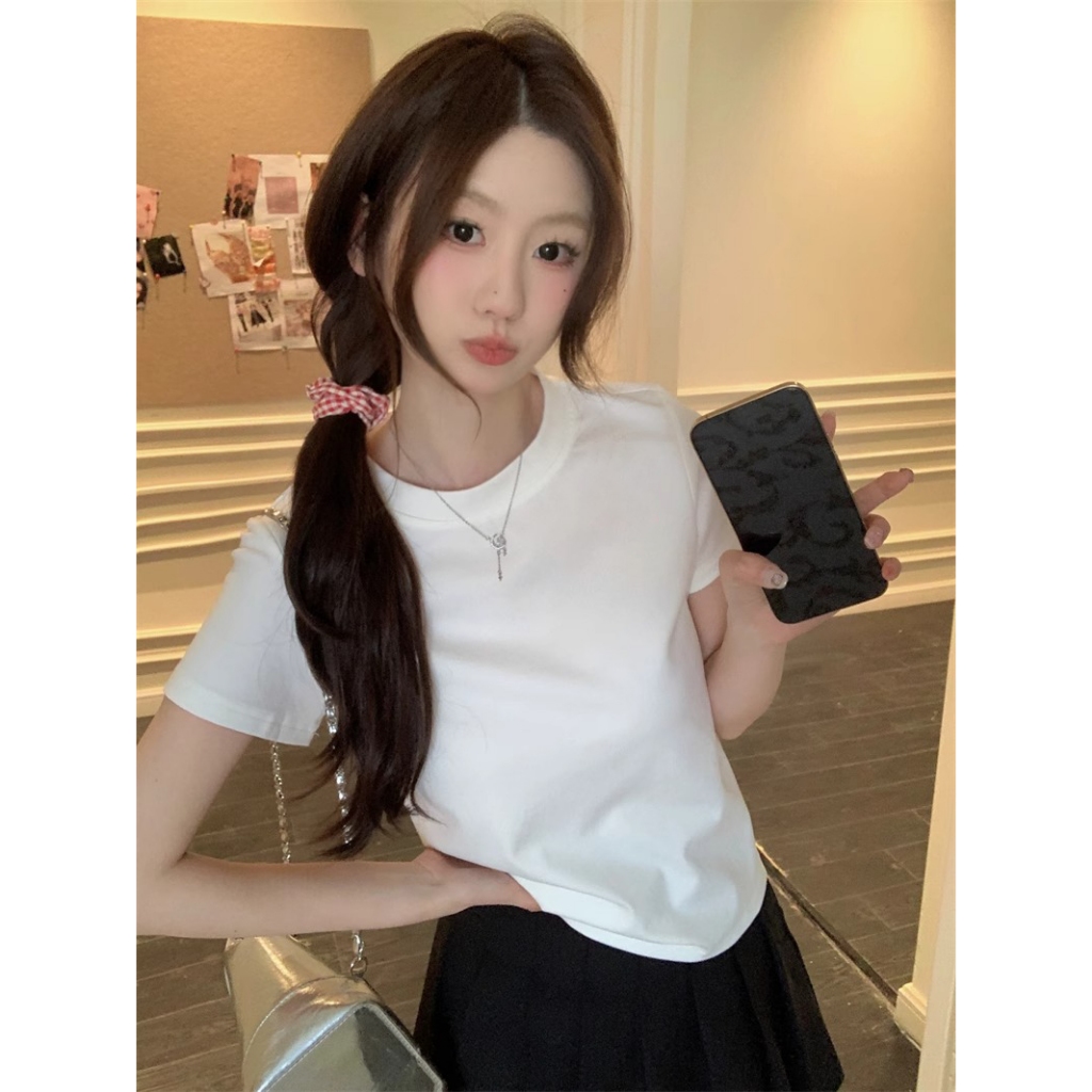 atasan lengan pendek putih wanita/t-shirt wanita polos/kaos bulat bahu cewek/atasan basic serbaguna/