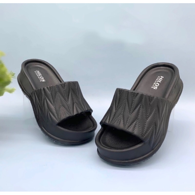 Rumahkaki - Sandal Wedges Wanita Hak Tinggi / Sendal Selop Cewek EVA Karet Tebal Warna Hitam
