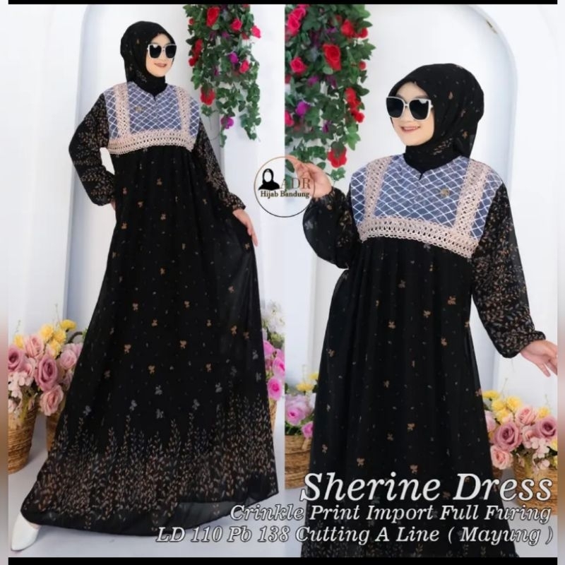 Gamis Hitam Shirene 3 Dress Ceruty Print Full Furing Busui dan Wudhu frendly Free Kerudung Segiempat