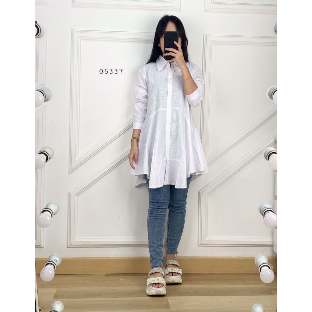 TUNIK STANDAR BASIC COLOR WHITE VARIASI MODEL LENGAN PANJANG KERAH V FULL BUTTON DEPAN PREMIUM WANIT