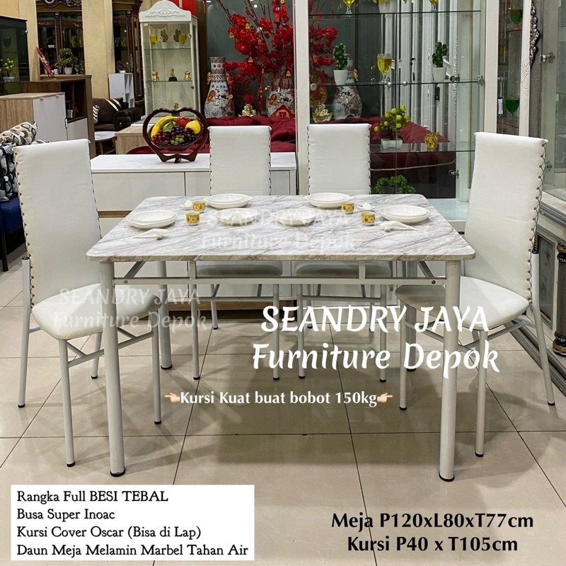 Meja Makan Minimalis Putih Corak Marmer+4 Kursi Besi Tebal kokoh/Awet/Marbel/SEANDRY JAYA Furniture 