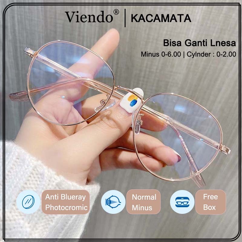 Viendo Kacamata Anti Radiasi Blueray Photocromic Minus Wanita Pria Cowok Besi Frame Kacamata