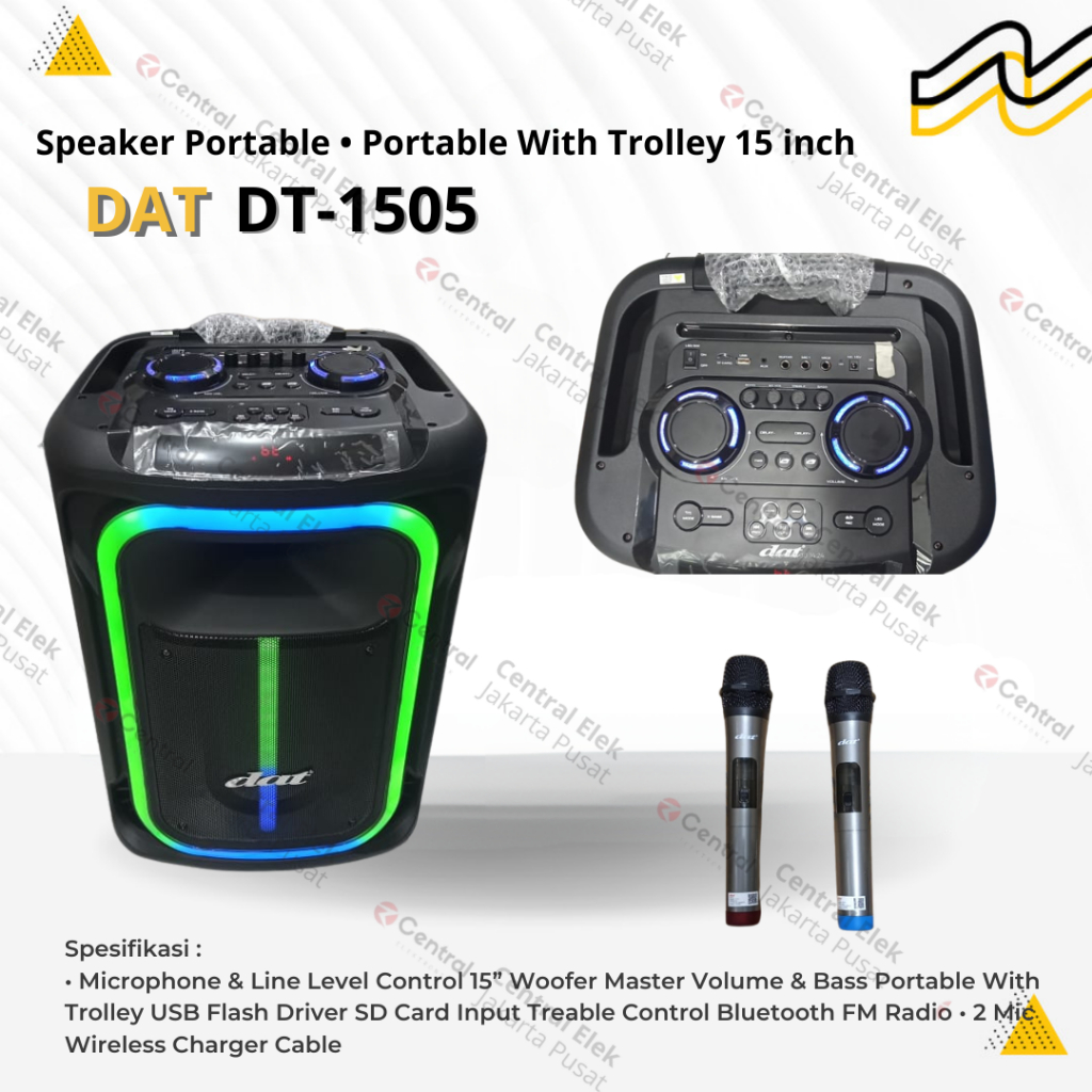 Speaker Portable karaoke 15 inch DAT DT 1505 X2 LED Free 2 Mic Wireles
